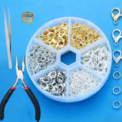 330pcs Gold + Silver + White Lobster Clasp And Ring Combo, 30pcs Lobster Clasps And 300pcs Rings, Zinc Alloy Material, Suitable For Jewelry Making & Beading