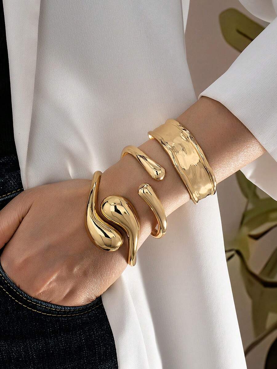 3 Stücke/1 Set minimalistisches geometrisches asymmetrisches Tropfen-Design Armreif Set mit dicker Textur in Goldton, geeignet für Frauen, massiv glatter Metall- & Zinklegierung - Goldgelb - Übersicht 1