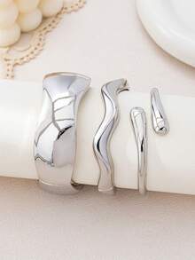 3pcs/1set Minimalist Silver-Tone Asymmetrical Water Drop Thick Textured Bangle Bracelet Set, Suitable For Women, Chunky Smooth Matte Heavy Metal & Zinc Alloy Material - Silver - View 2