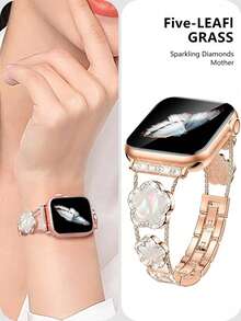 1条兼容的表带，女士黑色四叶草钻石金铜表带，夏季花卉金属手链，兼容 38/40/41/42/44/45/46/49毫米，兼容 Series Ultra3/2/1/SE/11/10/9/8/7/6/5 4/3/2/1 - 玫瑰金 - 查看 12