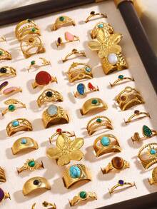 3/6/9/12/24 Pcs Stainless Steel 18K Gold Plated Minimalist Fashion Colorful Resin Inlaid Geometric Rings, Suitable For Women's Daily Wear (Random Delivery) - Multicolor - View 5
