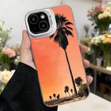 Cubierta de telefono con diseño de palmeras al atardecer naranja para iPhone 14 Pro Max estilo veraniego y tropical ideal para uso diario y viajes,Aplicable a los teléfonos de la serie Apple y Galaxy - Negro - Ver 3
