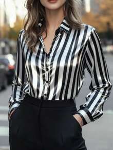 大码女装时尚优雅休闲通勤衬衫，黑白条纹印花设计，单排扣长袖衬衫，适合冬季、秋冬季、新年、感恩节等各种场合，也可作为派对上衣穿着，优雅女式衬衫，春季女士休闲装。 - 黑與白 - 查看 1