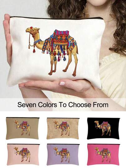 Camels Print Makeup Bag, Western Regions Zipper Bag,Ramadan Theme Pattern, Reusable Cosmetic Pouch, Lightweight, Cosmetic & Toiletry Organizer Bag, Zippered Cosmetic Bag, Lightweight Coin Purse, Toiletry Bag, Storage Bag, Travel Accessory, Perfect For Shopping, Versatile Use, For Organizing Makeup, Brushes, Accessories, New Year, Eid Mubarak,Valentine'S Day Gift, Ramadan Gift, Travel Toiletry Makeup Bag