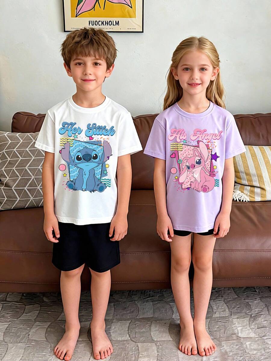 Disney Valentine's Day-Themed T-Shirts For Boys And Girls, Featuring Stitch And Angel Lettering Prints. Soft And Comfortable Children's T-Shirts Suitable For Boys And Girls Year-Round. Perfect For Outings, Shopping, Or Playground Adventures. Makes An Excellent Gift. Also Ideal For Sibling Matching Outfits. - Màu Lilac Tím - Xem 1