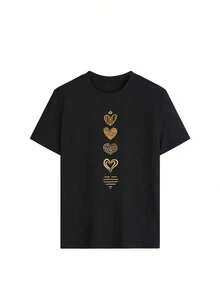 Valentine's Day Plus Size Women's Summer Leopard Print Heart Print Casual Simple Loose Comfortable Street Style Round Neck Plus Size Short Sleeve T-Shirt Tops - Black - View 2