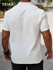 Men's Vintage Coin Style Button Front Pure White Waffle Knit Short Sleeve Polo Shirt