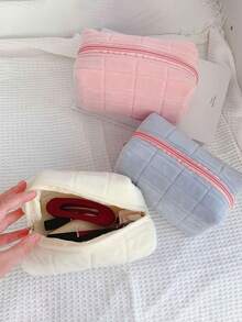 1pc Plush Pencil Case, Checkered Pattern, Soft Suede Material, Multiple Colors Available (Pink, Blue, White), Large Zipper Travel Toiletry Bag, Portable Multi-Function Large Capacity Bag, Cute Makeup Brush Organizer,Stationery