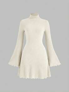 Vuslat Women's Knitted Fleece Underarm Striped Elegant Commuter Mini Dress With Stand Collar, Long Sleeve, A-Line, Suitable For Valentine's Day, New Year Party, Gathering, Office Daily Wear, Outerwear Dress - Apricot - View 3