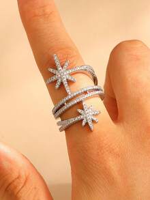 1pc Luxury Elegant High-End Crystal Octagonal Open Ring - Silver - View 6