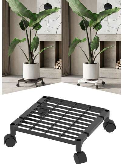 2个带轮可移动花盆架，多层镂空通风设计，承重力强，适用于花盆/储物盒，黑白两色可选，节省空间的客厅阳台用滚动式花盆架