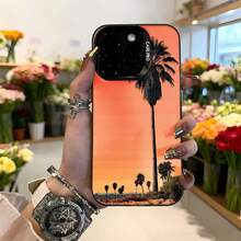 Cubierta de telefono con diseño de palmeras al atardecer naranja para iPhone 14 Pro Max estilo veraniego y tropical ideal para uso diario y viajes,Aplicable a los teléfonos de la serie Apple y Galaxy - Negro - Ver 1
