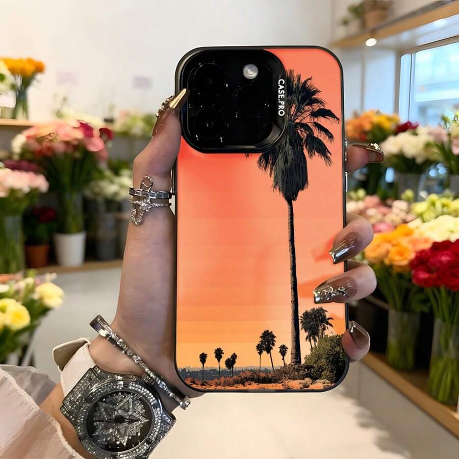 Cubierta de telefono con diseño de palmeras al atardecer naranja para iPhone 14 Pro Max estilo veraniego y tropical ideal para uso diario y viajes,Aplicable a los teléfonos de la serie Apple y Galaxy - Negro - Ver 1