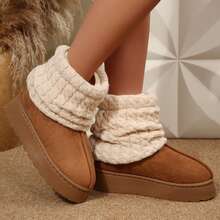 Short Knit Cuff Snow Boots Faux Furry Boot Upper Platform Sole Warm Lining Warm Boots Shoes Snow Boots Ankle Boots Outdoor Winter Boots For Women - 棕色 - 查看 7