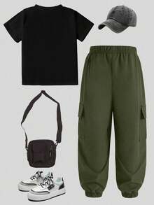 Tween Boy Letter Print Crew Neck Short Sleeve T-Shirt And Cargo Pants Casual Outfit - Black - View 2