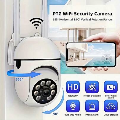 1个1080P/1296P全高清全彩夜视无线WiFi摄像头，室内外两用，双向语音，云台变焦，2.4G WiFi智能家居安防，移动侦测，居家安全，老人宠物看护，家用安防摄像头，室外监控，家用安防摄像头，无线WiFi摄像头，办公室对讲机，室内摄像头，视频监控，闭路电视摄像头，USB供电，支持云存储和SD卡（不包含，需另购）