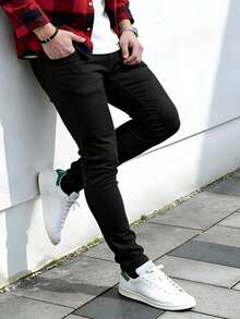 Men's Slim Fit Stretch Black Denim Jeans, Streetwear Casual Comfortable Style, Suitable For Daily Outdoor Wear, All-Season Men's Bottoms - Black - View 2