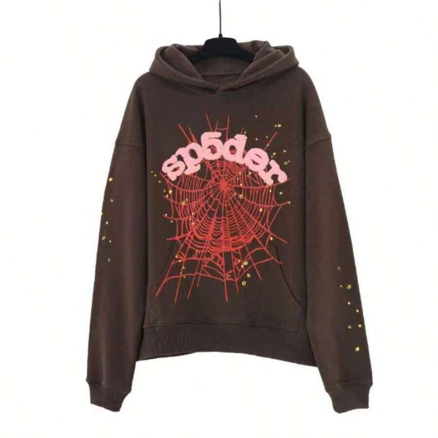 Men'S Hip Hop Oversized Spider Web Pattern Graphic Alphabet Print Harajuku Vintage Hoodie Long Sleeve Street Wear Top For Both Men And Women Big Size Hoodies - 棕色衛衣 - 查看 1
