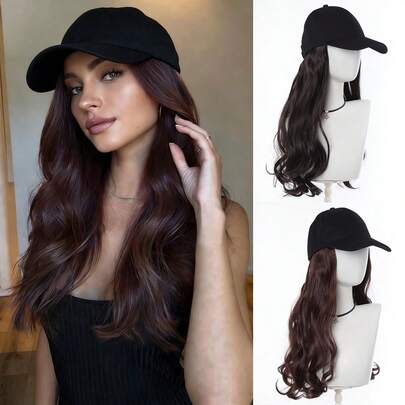 18英寸女士黑色帽子假发，配有长波浪卷曲合成接发，适合日常佩戴