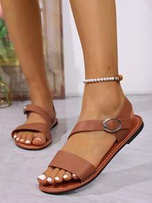 女士夏季新款时尚棕色宽边金属圆扣罗马风系带沙滩平底凉鞋 - 棕色 - 查看 6