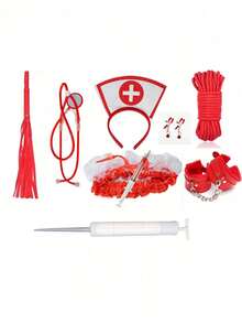 7件套护士服装套装，包括头带、听诊器、医疗包和化妆道具，适合节日派对表演。 - 彩色 - 查看 14