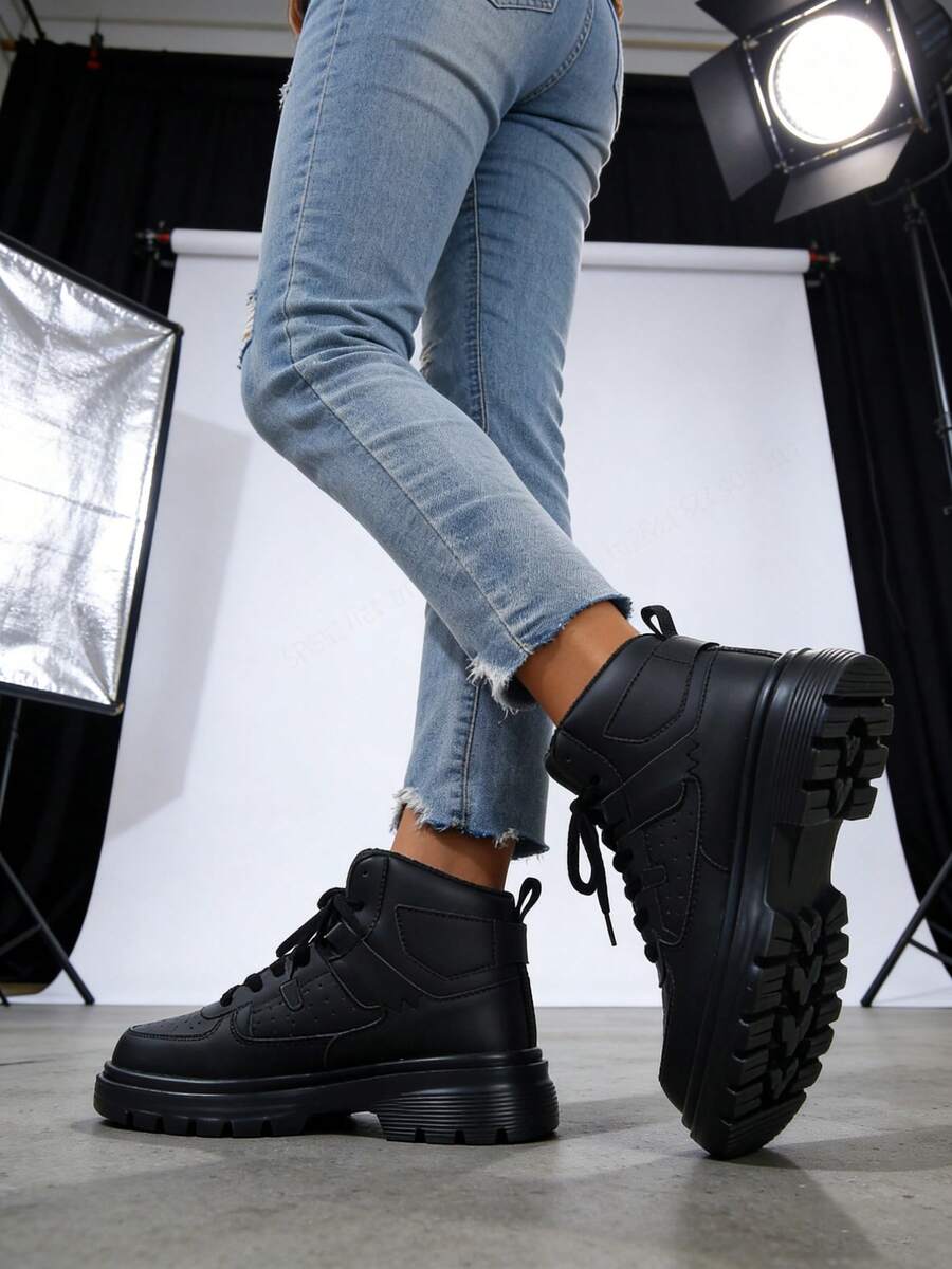 2025 New Women's High-Top Casual Sneakers, Work Boots ,Winter Boots,Waterproof Hiking Boots, High-Cut Lace-Up Boots, Outdoor Shoes, Festival Gift, Birthday Gift,Couples - màu đen - Xem 1