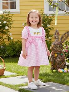 Ddler Baby Girl Easter Outfits Spring Summer Plaid Gingham Dress Bunny Embroidery Round Neck Short Sleeves Bow Dress Cute Clothes - 粉色 - 查看 2