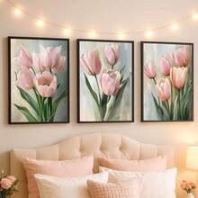 3-Piece Wild Flower Canvas Painting, Pink Floral Canvas Oil Painting, Nordic Plant Art Poster, Minimalist Plant Wall Art, Suitable For Girl's Bedroom, Living Room, Office, Apartment Wall Decor, With Frame