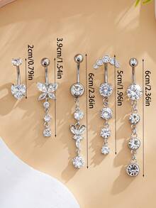 5件套不锈钢蝴蝶、双心、半月形锆石镶嵌肚脐环套装，性感肚脐穿刺吊坠，适合女性，适合节日佩戴 - 金黃色 - 查看 6