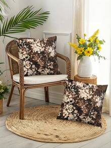 2/4PCS Vintage Brown & Silvery White Floral Pillowcase - Faux Super Soft Fabric, Distressed Texture Plant Print, Luxury Retro Style Sofa Decor Cover (Pillow Insert Not Included) - Multicolor - View 6