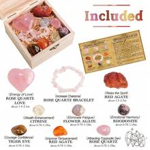 8件套天然紫水晶脉轮石套装，含透石膏原石，水晶宝石饰品，能量保健，灵气瑜伽工艺品，礼品木盒装，感恩节情人节收藏品 - 能量套盒木盒 - 查看 3