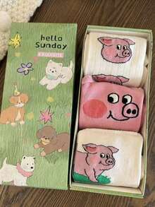 3 Pairs Random Cute Pink Pig Design Unisex Funny Socks, Cartoon Personalized Mid-Calf Socks For Women - Multicolor - View 6