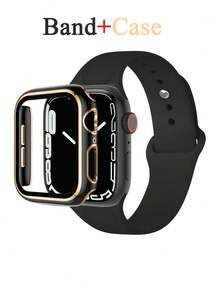 2件套运动手表表带和表壳套装，兼容表带40mm、44mm、46mm、42mm、41mm、45mm、49mm，男女通用，硅胶防水表带带表壳，兼容 Series SE、Ultra、2、3、1、11、10、9、8、7、6、5、4 - 黑/金色 - 查看 1