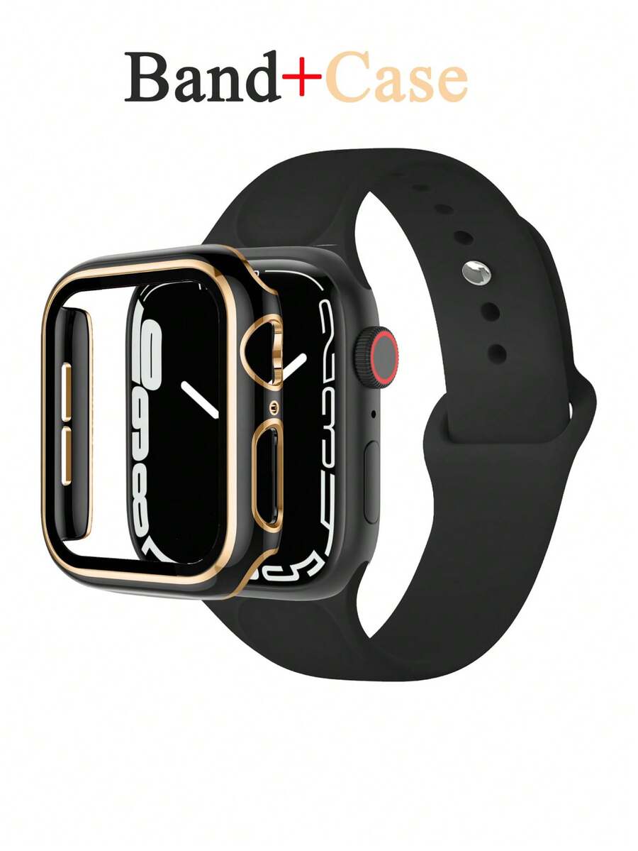 2件套运动手表表带和表壳套装，兼容表带40mm、44mm、46mm、42mm、41mm、45mm、49mm，男女通用，硅胶防水表带带表壳，兼容 Series SE、Ultra、2、3、1、11、10、9、8、7、6、5、4 - 黑/金色 - 查看 1
