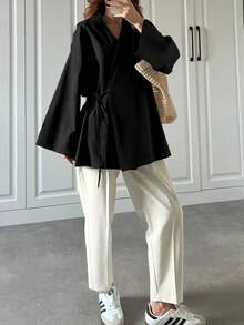 Women's Autumn New Simple Long Sleeve Cardigan, Front Tie Shacket, Women's Autumn Clothing, Women's Halloween Outfit, Women's Christmas Outfit - Black - View 1