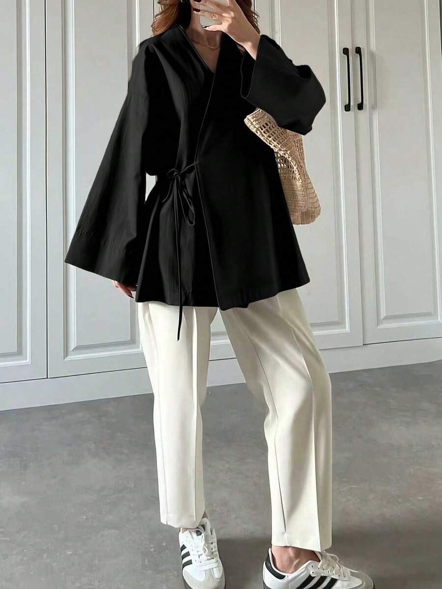 Women's Autumn New Simple Long Sleeve Cardigan, Front Tie Shacket, Women's Autumn Clothing, Women's Halloween Outfit, Women's Christmas Outfit - Black - View 1