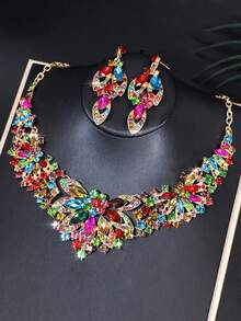 1 套奢华水晶花项链和耳环套装，女士新娘婚礼珠宝配饰