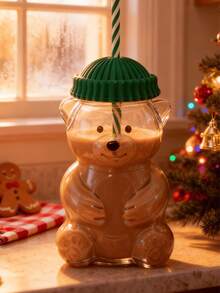 1pc Cartoon Bear Glass Straw Cup With Lid, Suitable For Milk Tea, Transparent Juice Drinks - Multicolor - View 8