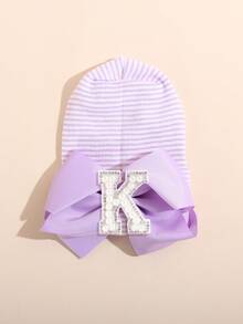 1顶新生儿毛线帽，带珍珠字母和大蝴蝶结，柔软弹力条纹针织帽，适合日常佩戴、拍照和作为婴儿礼物 - 淺紫色 - 查看 24