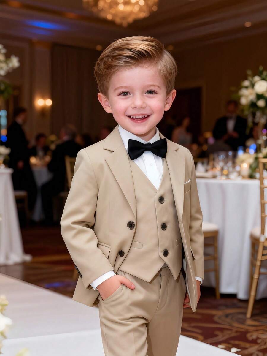 四件套男童绅士西装套装，包括优雅的西装外套、马甲、西裤和领结，适合婚礼、生日、派对、晚宴演出等正式场合。 - 卡其色 - 查看 1
