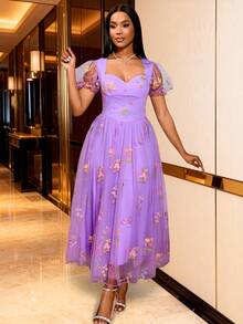 Women Romantic Valentine Lavender Sweetheart Neck Embroidered Tulle A Line Dress Floral Puffy Sleeves Dresses Wedding Guest Formal Occasions - Lilac Purple - View 2