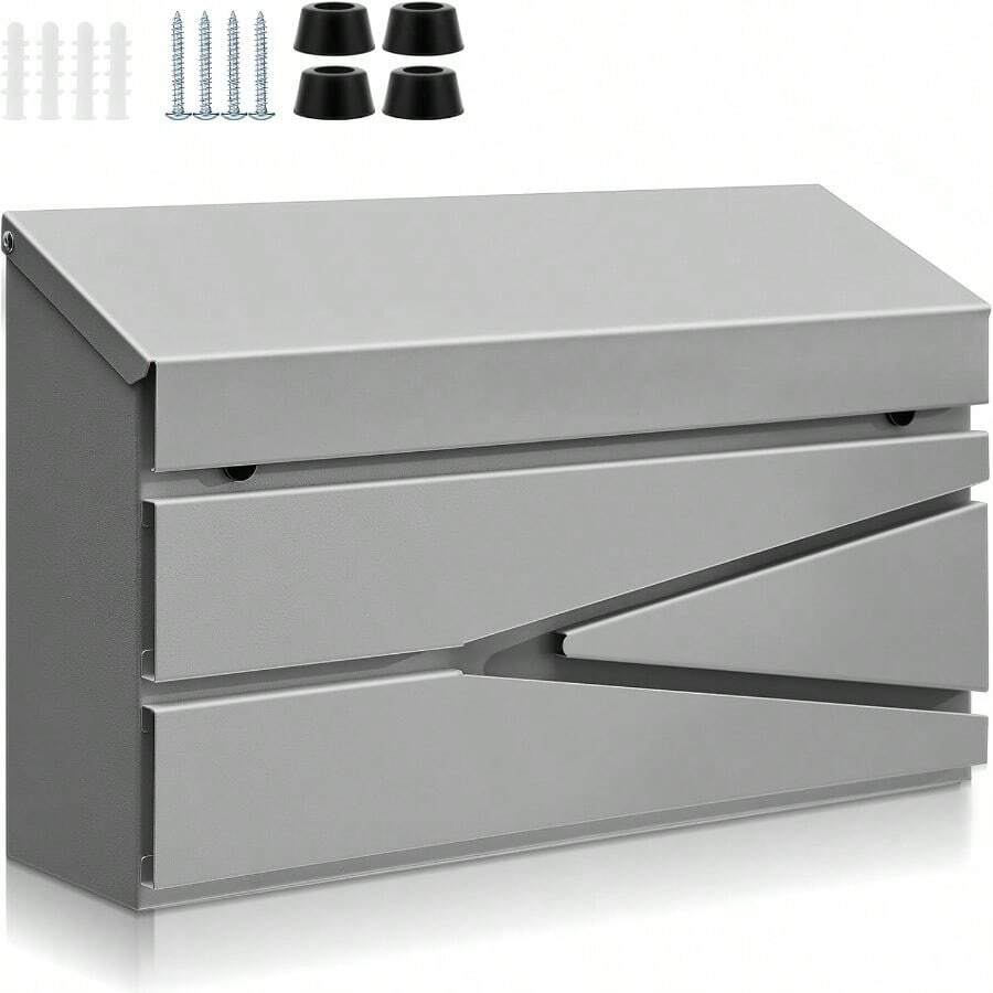 Wall Mount Mailbox Large Capacity Mailbox For Outside Gaanized Steel Rustproof Metal Mail Drop Post Modern Collection Box Postbox 15.75 X 9.84 X 4.33 No Key Locking Grey No Flag - Gray - View 1