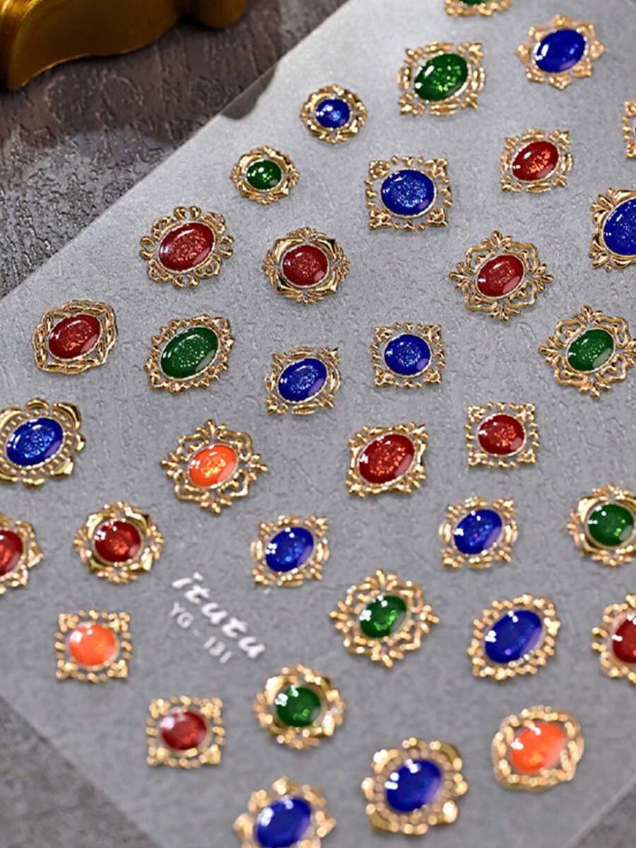 1片复古闪光彩色宝石镶嵌金边3D美甲贴纸，5D高品质粘性美甲装饰指甲用品 - 彩色 - 查看 1