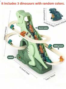 1 件儿童男孩女孩新款时尚恐龙机器人旋转自动爬楼梯/组装角色扮演音乐灯光早教互动智力趣味电动滑梯/蜿蜒轨道模型冒险游乐园趣味玩具车，适合亲子互动和生日礼物（包含 3 个迷你恐龙） - 恐龍滑滑梯 - 查看 3
