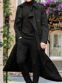 Men's Autumn Winter Long Coat Long Sleeve Lapel Solid Color Belted Windbreaker Jacket - 黑色 - 查看 1