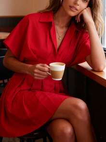 1件纯色休闲派对优雅性感波西米亚风梭织面料腰部褶皱/抽褶衬衫领迷你连衣裙，新款夏秋季红色衬衫领休闲女式短裙 - 紅色 - 查看 11