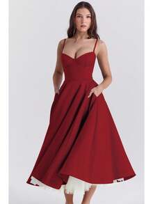 Vestidos Elegantes De Mujer,Women's Elegant Double-Layered Dress With A Full Skirt - 紅色 - 查看 2