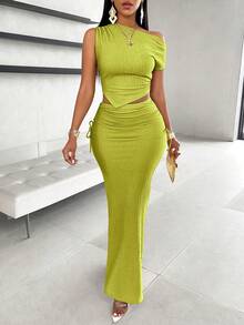 AIJ Conjunto de top asimétrico con un hombro y pliegues y falda de cola de pez elegante para mujer - verde amarillo - Ver 5