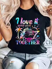 100% camiseta de algodón Crucero Familiar 2026 Me encanta cuando viajamos juntos Camiseta Casual Impresa 100% camiseta de algodón para mujeres, camisetas de verano de manga corta, camiseta gráfica, tops para mujeres - Negro - Ver 6