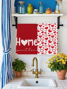 2Pcs Watercolor Red And White Heart Pink LOVE Pattern Farmhouse Farm Decoration Kitchen Towel Dishcloth Holiday Party Supplies Bathroom Hand Towel Suitable For Kitchen, Dining Room, And Dining Table - Red and White - View 3